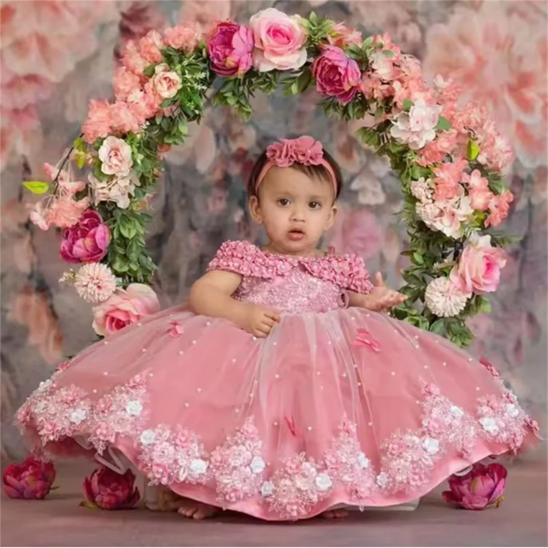 2025 Baby Kleider aus Schulter Perlen Spitze Schmetterlinge Blumen mädchen Kleid Kleinkind erste Geburtstags feier Kleid