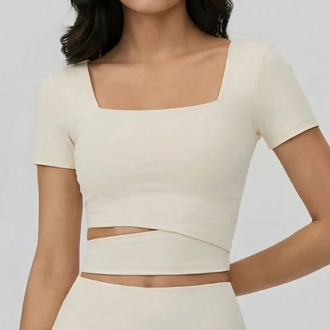 Women's cropped yoga fitted tee, classic square neck, built-in chest pad, ruched waist, irregular hollow hem.
