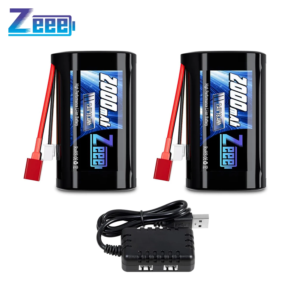 Zeee Li-Ion Batterij 2S 7.4V 2000Mah T Connector Met Oplader Voor Rc Auto Buggy Boten 4wd Hoge Snelheid Fpv Race Hobby Model Onderdelen