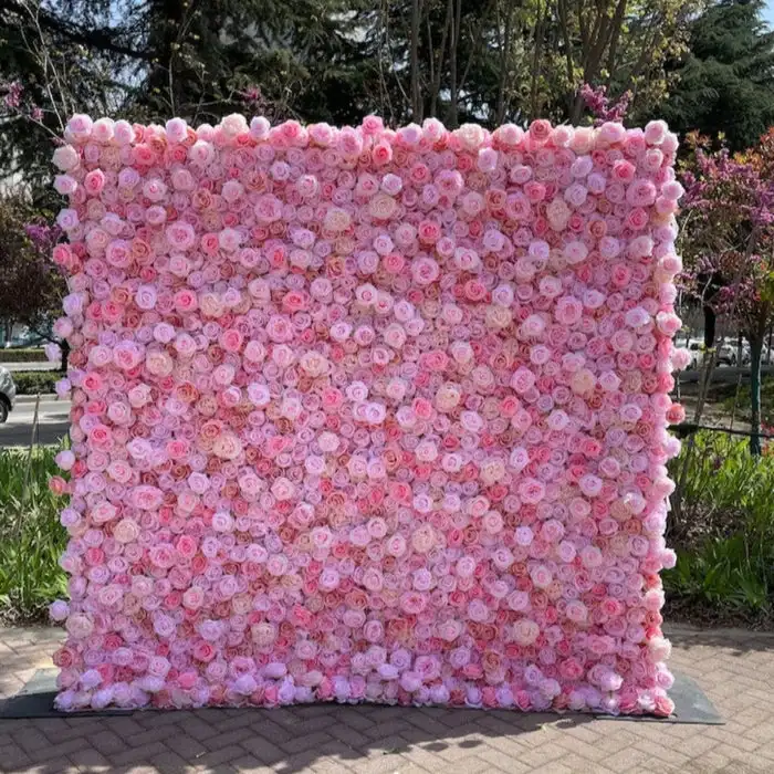 

Luxurious Version 3D Pink White Gradient Rolling Up Cloth Curtain Flower Wall Wedding Backdrop Decor Fabric Party Prop