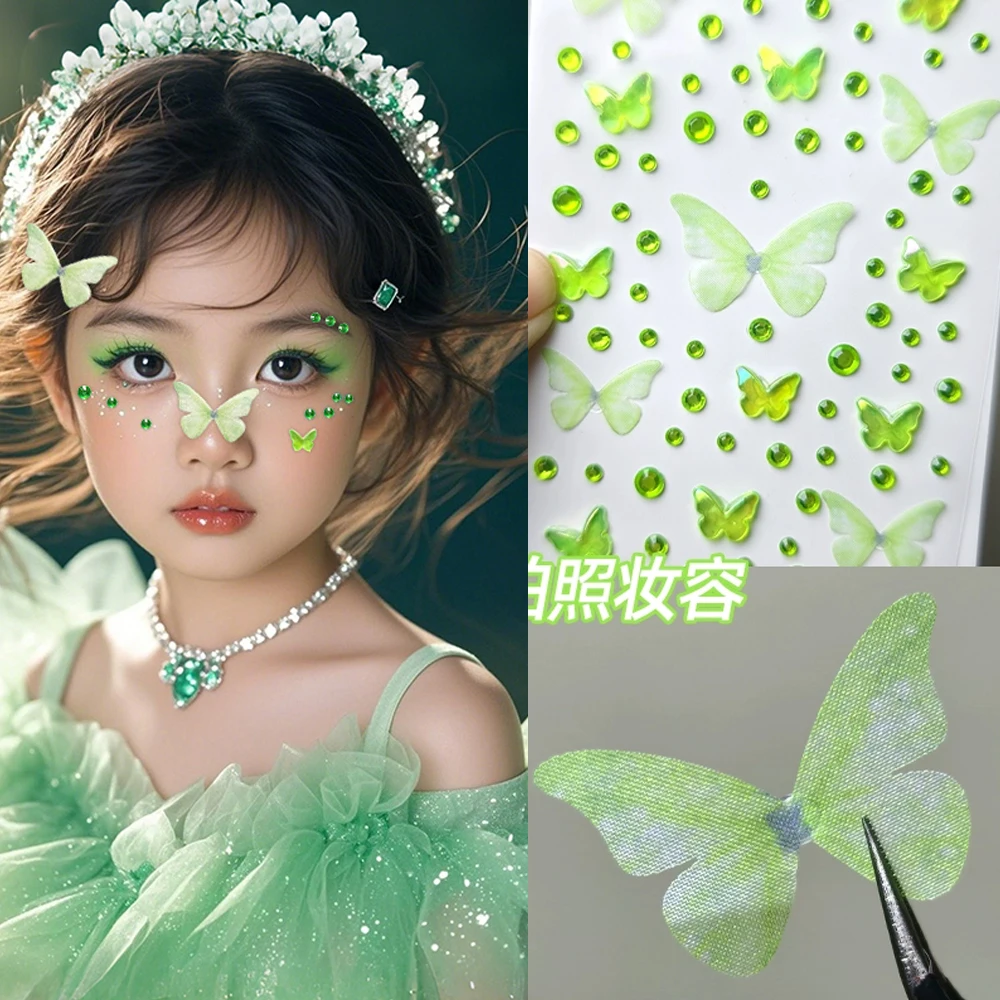 1/3/5pcs Self-adhesive Children's Butterfly Face Stickers Kawaii Pink/Green Elf Rhinestone decor Resin Butterfly For Makeup part