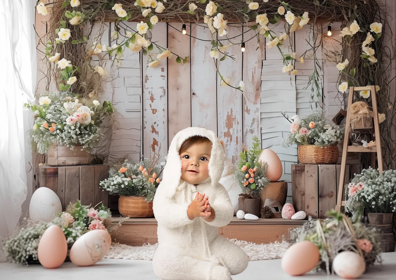 Spring Photography Backdrop Rustic Easter Wood Flowers Bunny White Baby Shower Birthday Decor Portrait Background Photo Studio