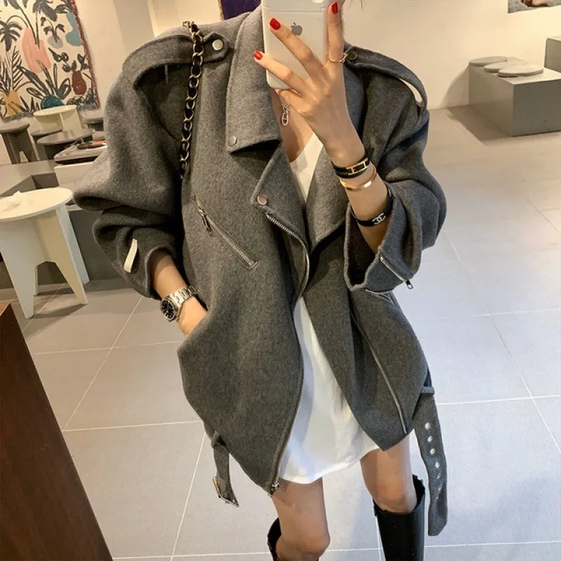 Motorcycle Style Coats Long Sleeve Fleece Woman Fleece Jacket Lady Casual Turn-Down Collar Overcoat Autumn Winter Outerwears