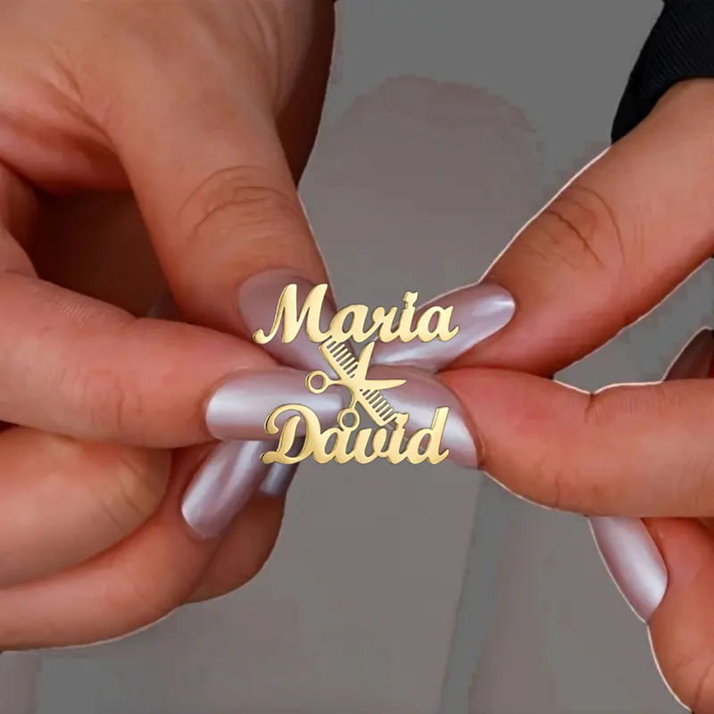 Custom Scissors Comb Brooch Pin for Hairstylists - Personalized Dual Initials 18K Golden Plated Stainless Steel Simple Style