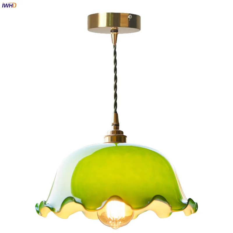

IWHD Green Lotus Lampshade LED Pendant Lights Cafe Restaurant Bar Loft Living Room American Vintage Brass Glass Hanging Lamp
