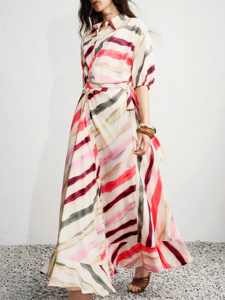Spring Summer Blue And White Stripe Abstract Geometric Print V-Neck Wrap Tie Waist Lantern 3/4 Sleeve Women's Long Dress Vacatio