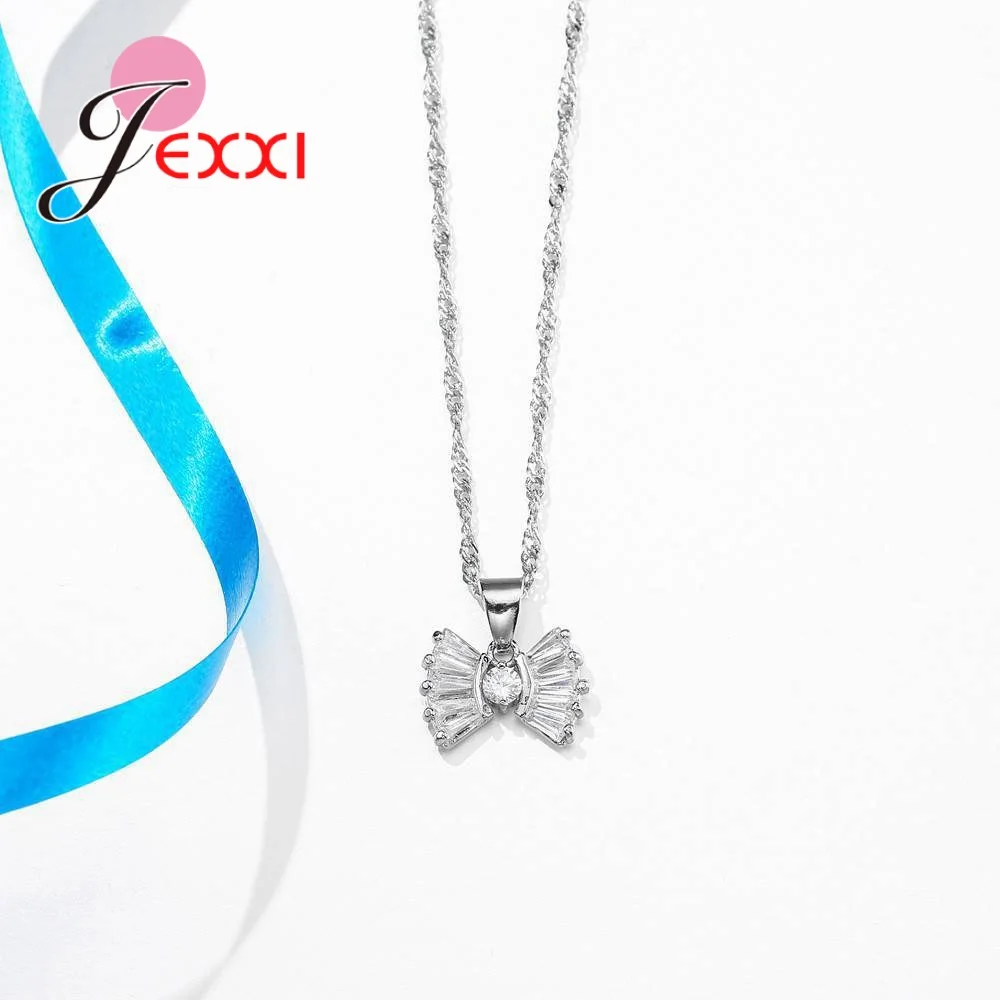 Cute Bowknot Shape Women Parties Accessories Sector 925 Sterling Silver Color Necklace And Earrings Fashionable Jewelry Sets