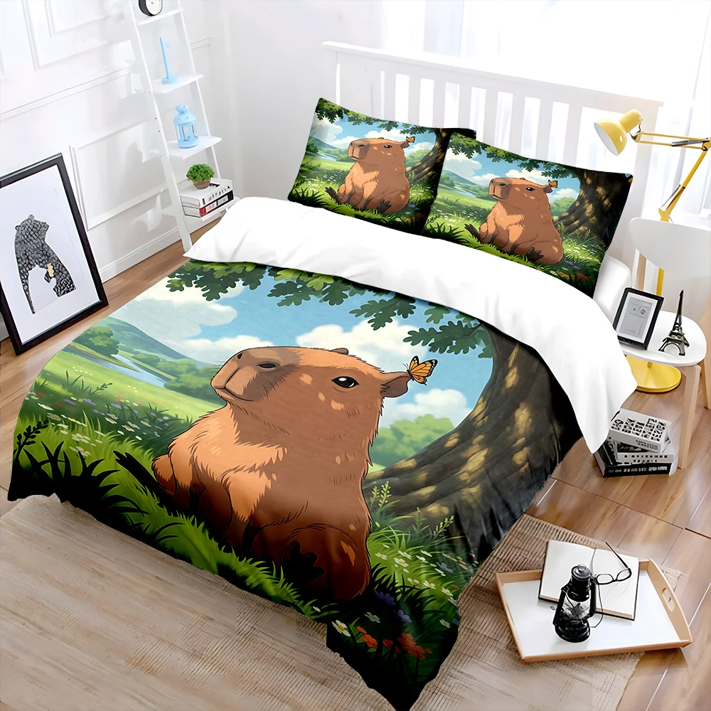 Capybara Sitting with Butterfly Bedding Set for Kids Luxury Gift 3pcs Digital Print Comforter Set Soft Comfortable Breathable