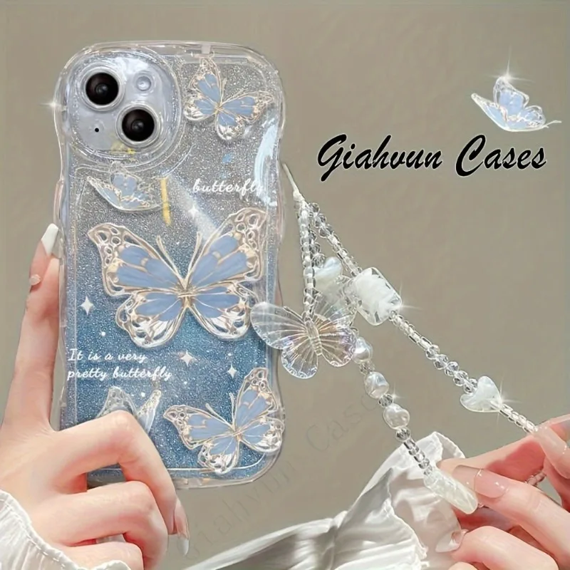 INS Butterfly Pattern Cream Wavy-edge Phone Case For iPhone 17 16 15 14 13 12 11 Pro Max 16E With Butterfly Bead String Cover view 3