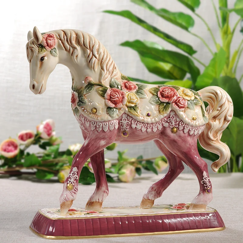 Ceramic Rose Horse Sculpture, Home Decor Crafts, Garden Decoration, Living Room Horse Ornament, Porcelain Animal Figurines