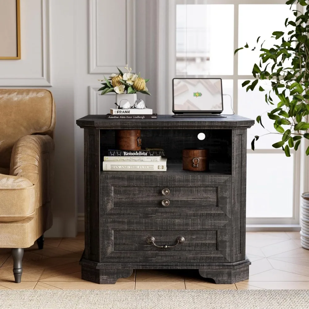 Farmhouse Style 23.4 Inch End Table with Charging Port, Large Drawers, Ideal for Bedroom, Charcoal