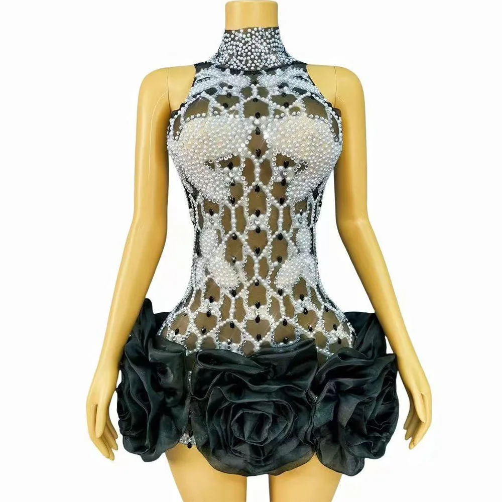 Falda corta Sexy y elegante con perlas y diamantes de imitación para mujer, guantes de malla transparentes para fiesta de graduación y celebración de cumpleaños, ropa de escenario