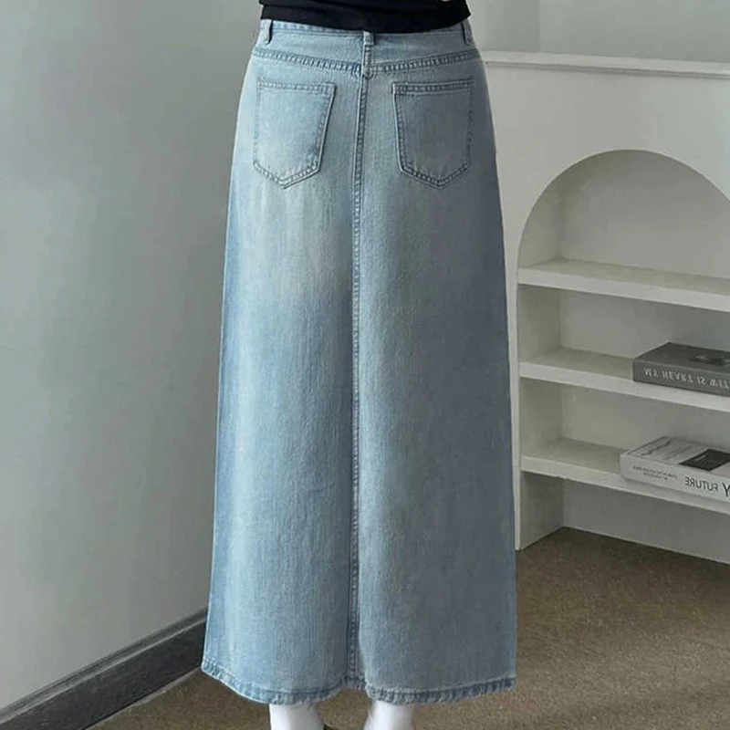 S-3xl Gonne di jeans Donna Estate Sottile a vita alta con spacco di media lunghezza A-line Wrap Fianchi Gonna Elegante femminile Jean Gonne Street Wear