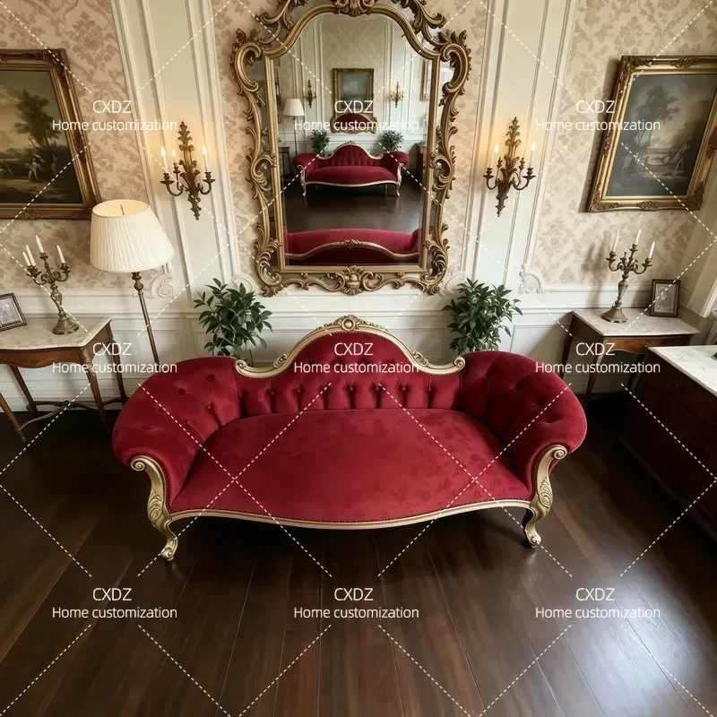 French light luxury burgundy double sofa European court real wood carving flower concubine sofa living room bedroom studio