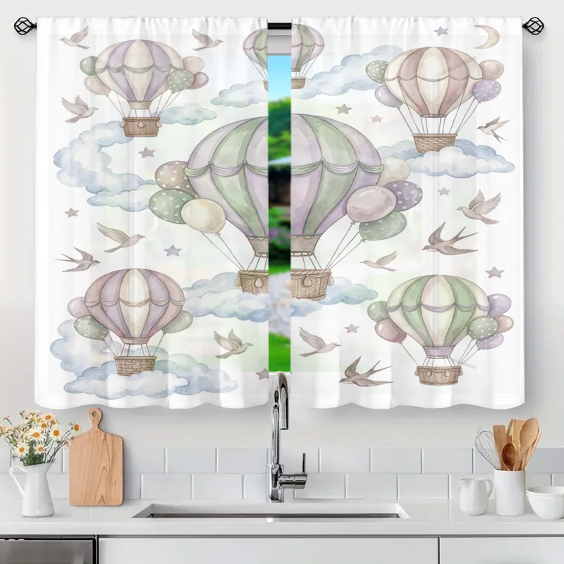 Pastel Hot Air Balloon Curtain Window Curtains Watercolor Sky Cloud Balloon Shower Room Panel Light Filtering Aesthetic Nursery