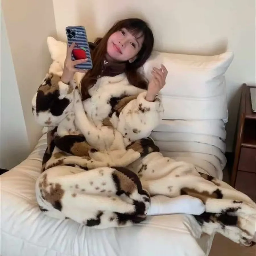 두꺼운 플리스 안감 여성 파자마 세트, 따뜻한 겨울 파자마, 패셔너블한 홈웨어, 파자마 세트