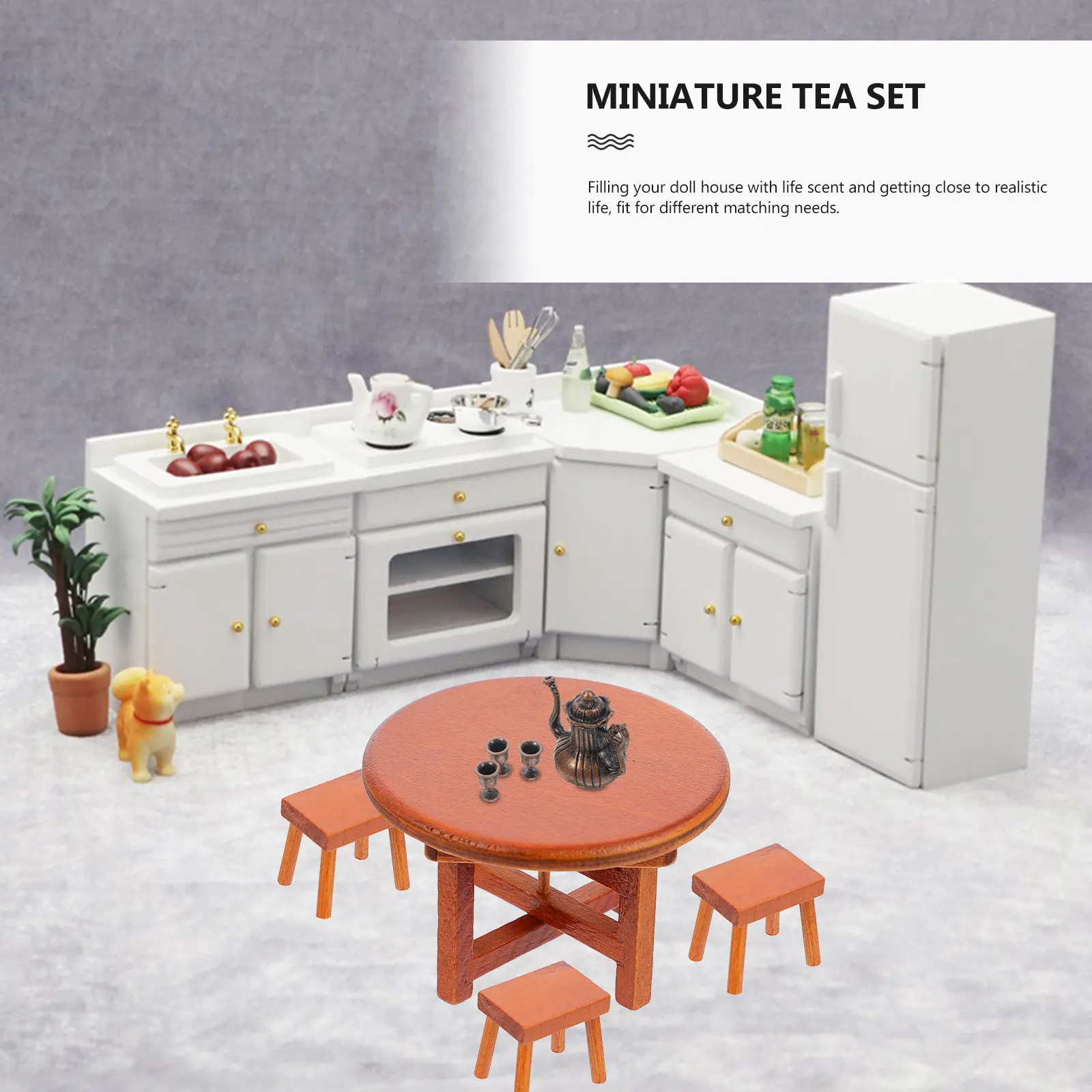 

1Set Miniature Iron Tea Pot and Cups Mini Tea Set Vintage Style Mini House Decoration Miniature Kitchen Play Accessories