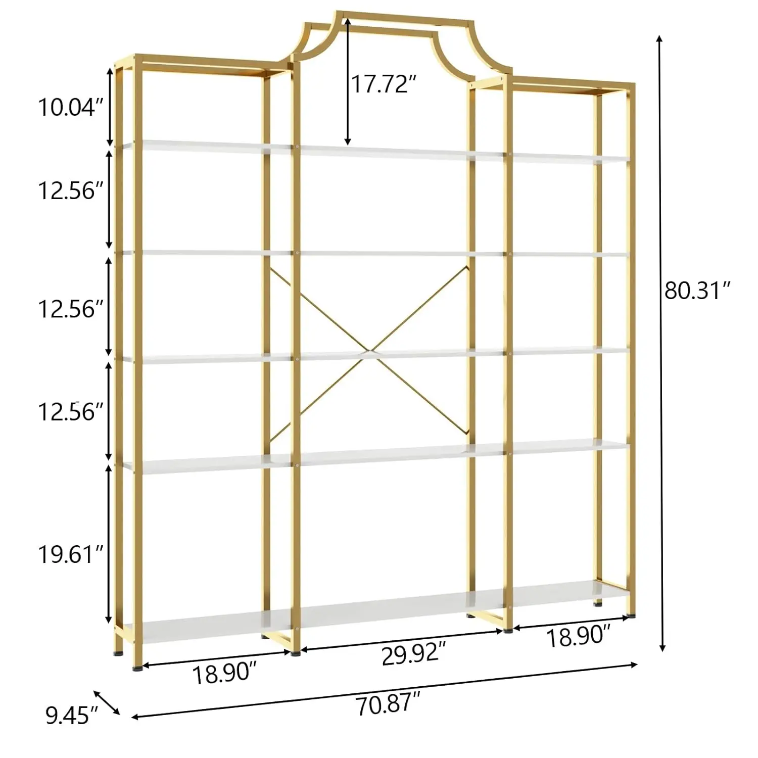 Extra Wide 5-Tier Bookshelf 70.87in Large Gold Bookcase Metal Frame Tall Display Storage for Home Office, Customized