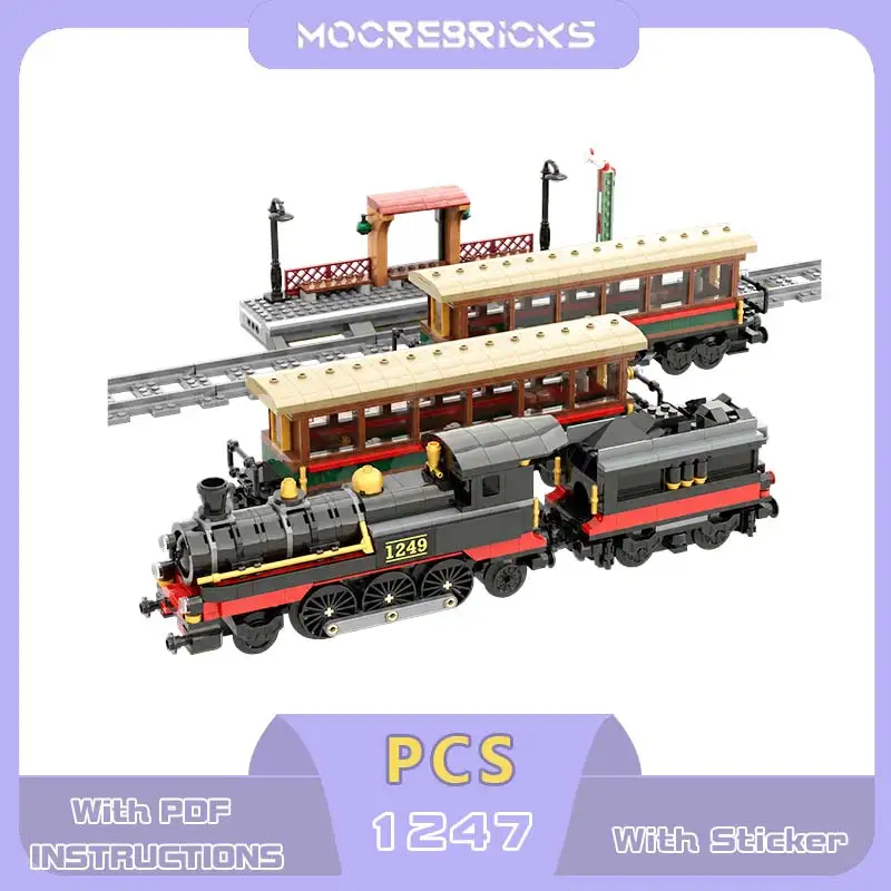 MOC Vintage Steam Train Building Blocks Set Classic Railway Locomotive Carriage Model Track Extension Toy Adult Hobby Gift