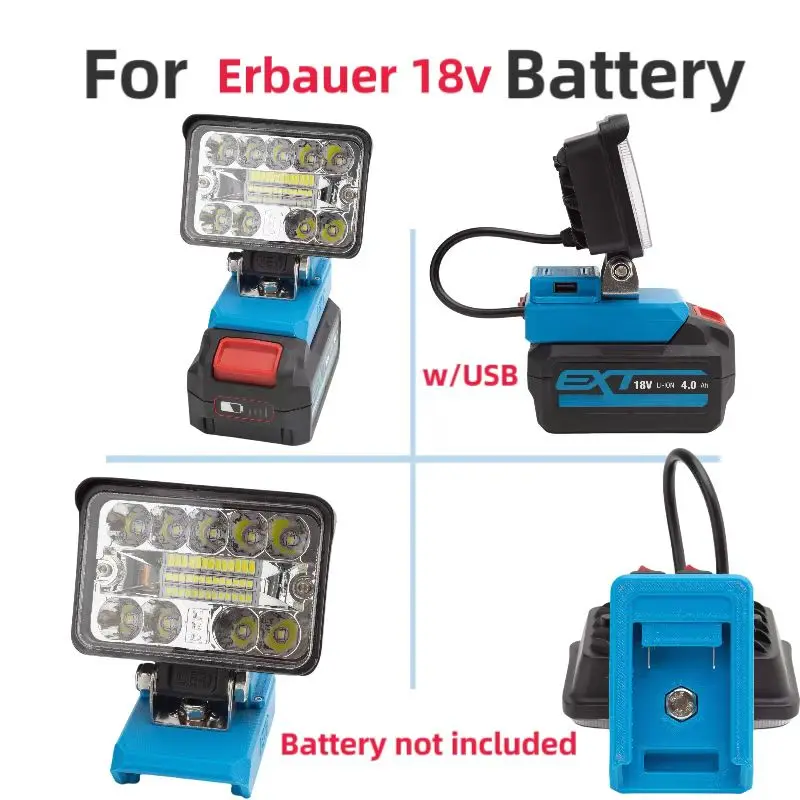 Luz de trabajo LED para linterna con batería Erbauer de 18v con USB inalámbrico portátil para acampar (sin batería)