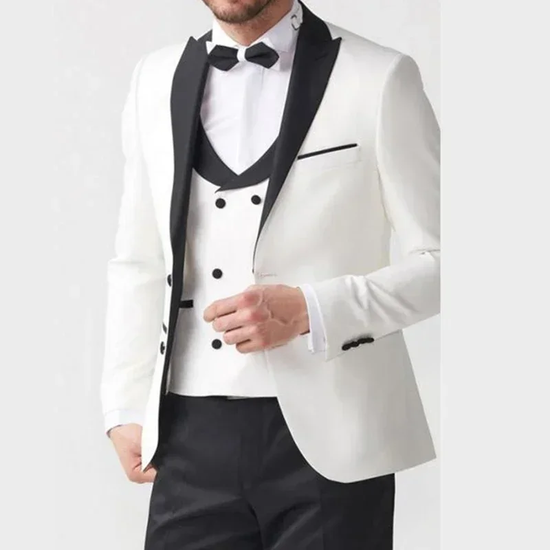 

White Jacket Black Pant Elegant Men Suits Wedding Groom Tuxedo Prom Blazers Hombre High Quality Custom 3 Piece Set Custome Homme