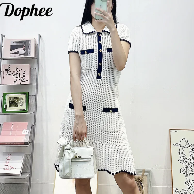 

High Quality Summer Colorblock Turn-down Collar Hollow Out Women Knitting Dress Elegant Short Sleeve Knee-length A-line Dress