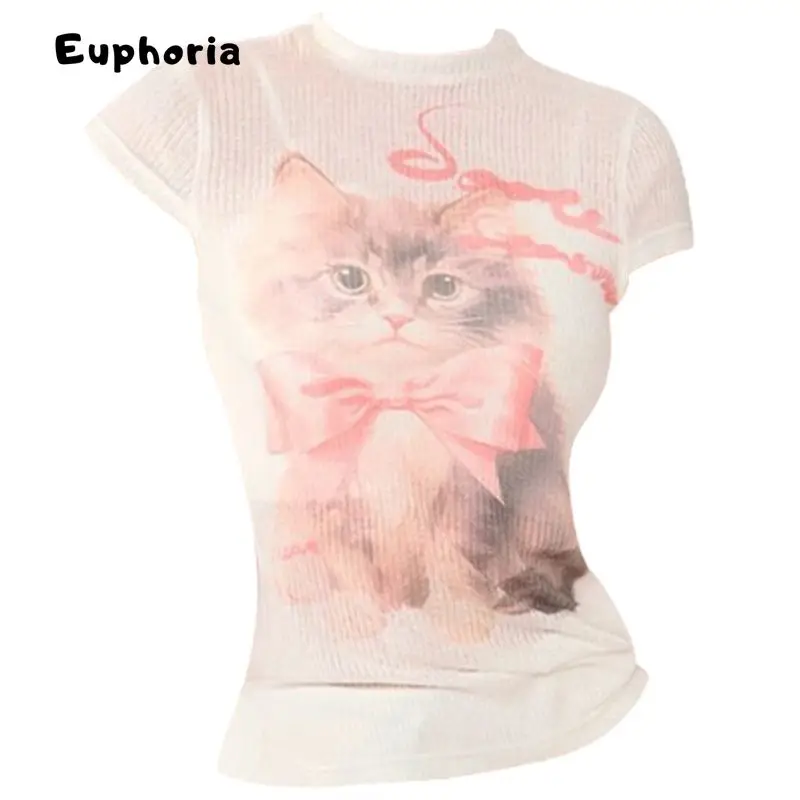 Euphoria Women's Pink kitty Graffiti Print T-shirt Harajuku Korean Y2k 2000s Vintage Long Sleeve Emo Torn T-shirts Clothes