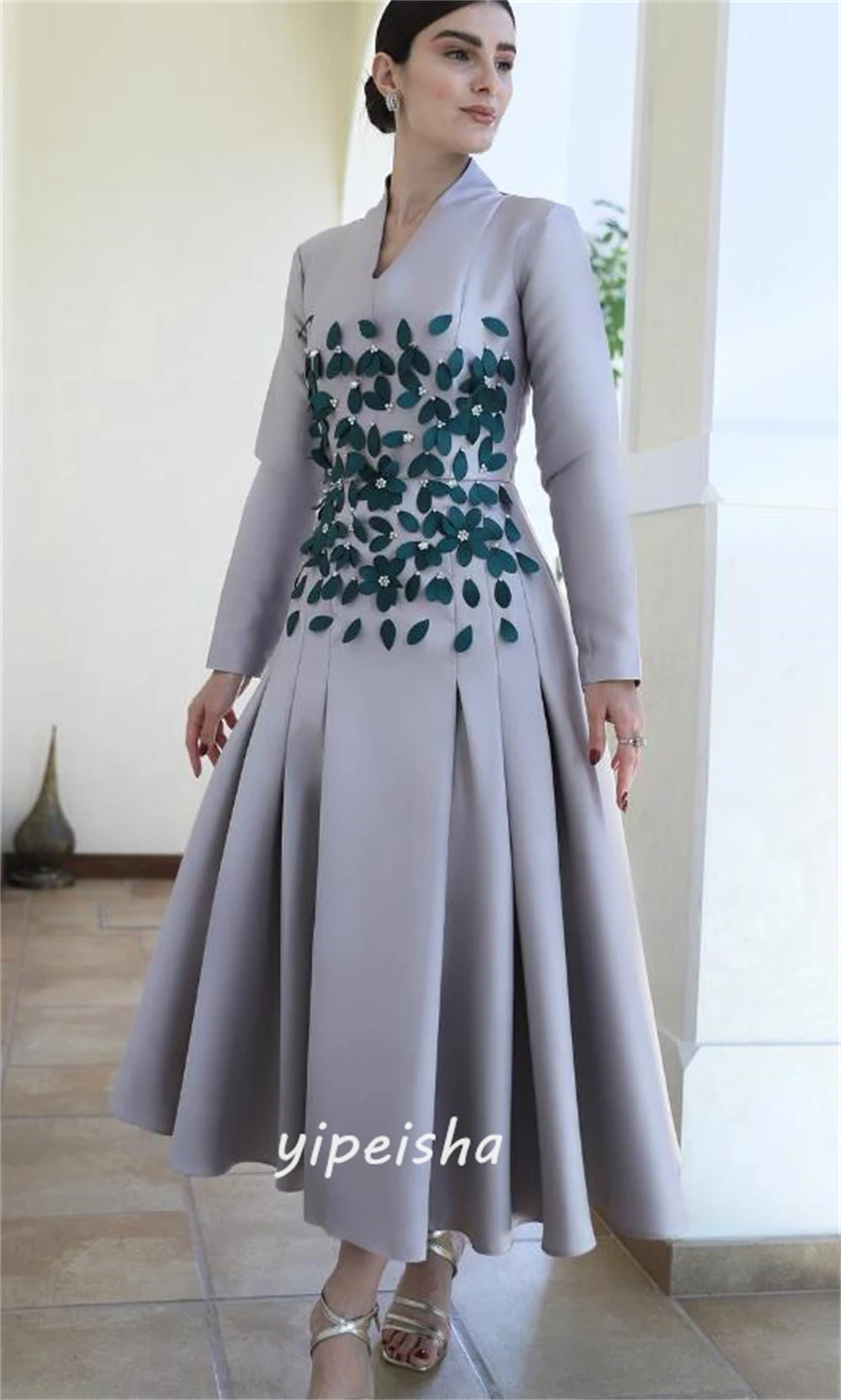 Evening Prom Dress Saudi Arabia Jersey Flower Beading Ruched Engagement A-line V-neck Bespoke Occasion Gown Midi Dresses