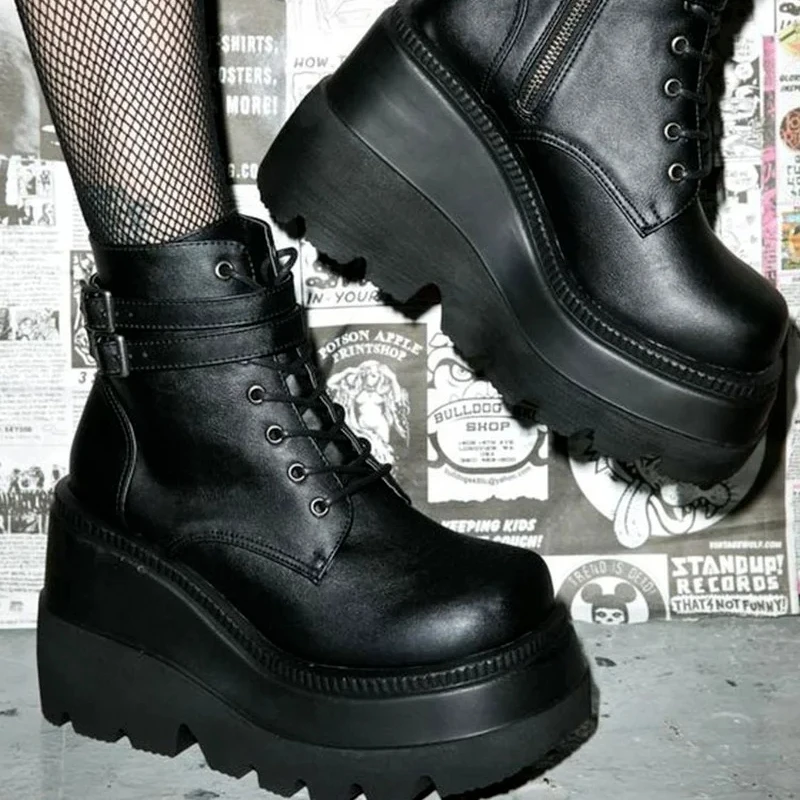 Luxury Brand Women High Heels Punk Gothic Female Motorcycle Boots Platform Women Boots Fashion Wedges Ankle Boots Big Size 36-43