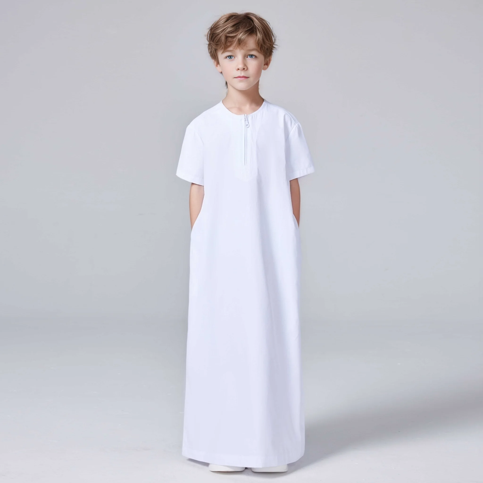 Camisa de manga curta com zíper para menino, Islam Thobe, Ramadan Robe, Oriente Médio, muçulmano, árabe, Dubai, Turquia, cor sólida