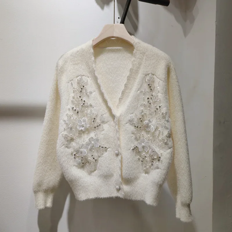 Women Diamonds Beads Flowers Embroidery Sequin Imitation Mink Fur Knitted Cardigan V-neck Mohair Sweater Coat Jacket Autumn Tops