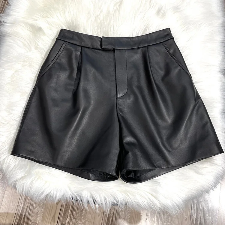 2024 New Genuine Sheepskin Leather Pants Versatile Diagonal Pocket Wide Leg Shorts E37