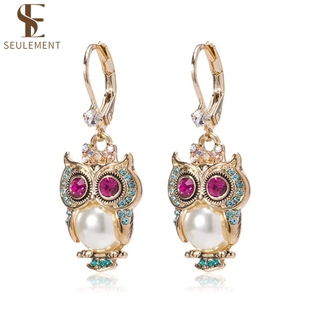 Seulement Creative Pearl Critters Owl Drop Earrings for Women Cute Animal Dangle Earrings Jewelry Gifts for Girls