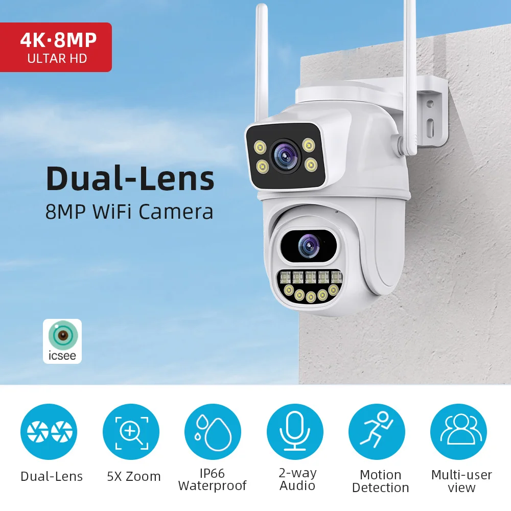 Hiseeu 8MP 4K PTZ Wifi Camera Dual Lens with Dual Screen Ai Human Detect Auto Tracking Outdoor Surveillance Camera iCSee APP