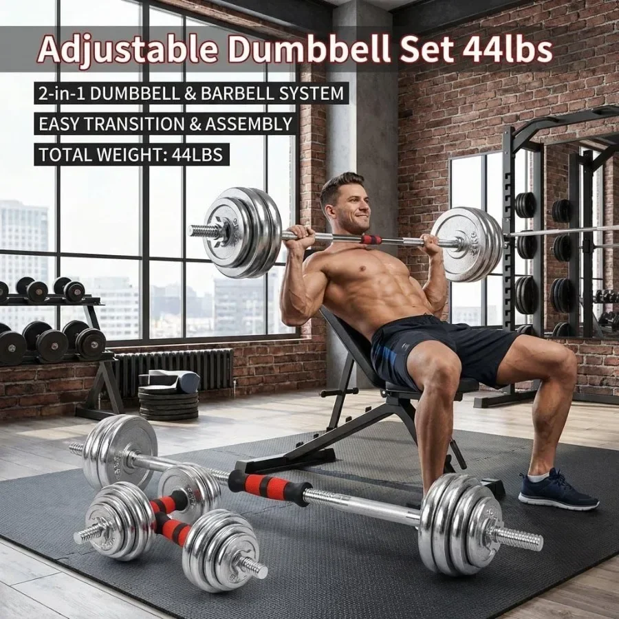 Adjustable Dumbbell Set 44lbs 2-in-1 Home Gym Cast Iron Barbell Dumbbell Kit with Carry Box, Stainless Steel Handles, 12 Weight