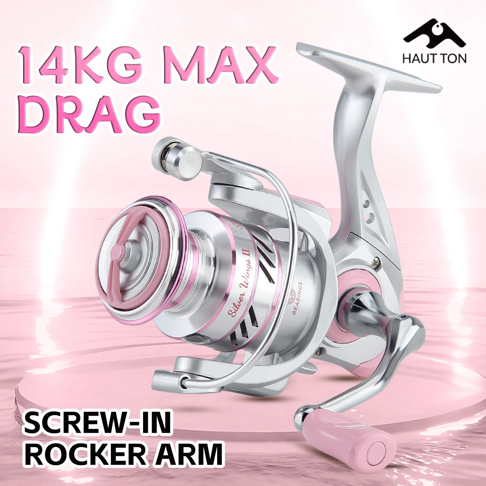 Carrete de pesca giratorio HAUT TON PINK SW1500-7000, arrastre máximo de 14KG/30,86LB, relación de engranaje 5,2: 1, brazo basculante plegable de Metal con tornillo