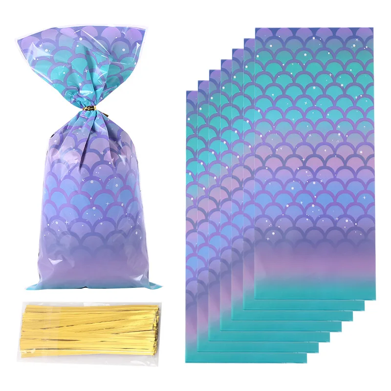 50pcs Cute Cartoon Shark Head Transparent Opp Bag, Ocean Animals Printed Gift Candy Packaging Strip Flat Bags With Gold Ribbon