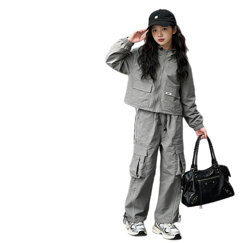 Girls' Autumn Trendy Cool Set 2026 New Big Kids' Zippered Hoodie Jacket+Wide Leg Pants Children's Korean Fashion Two Piece Set 6