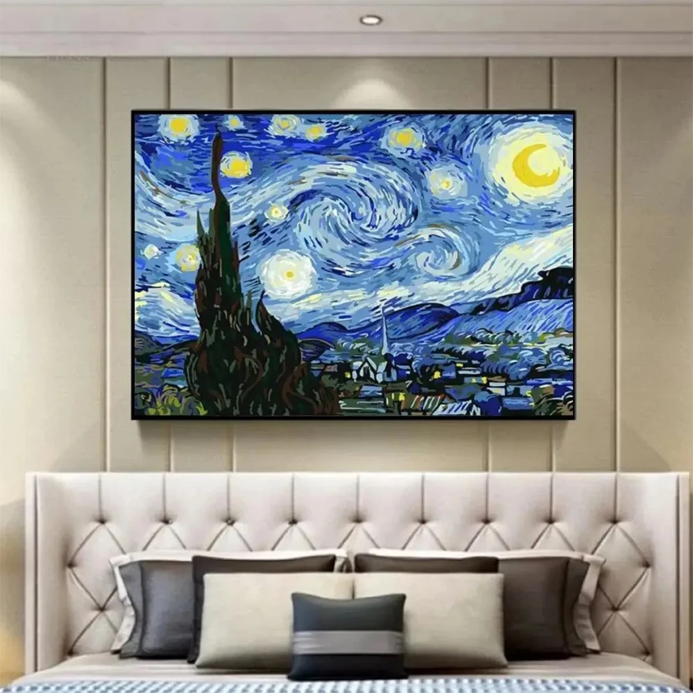 DIY Round Diamond Handmade Diamond Painting Landscape Van Gogh's Starry Sky Pattern Full Diamond Mosaic Decorative Painting Set