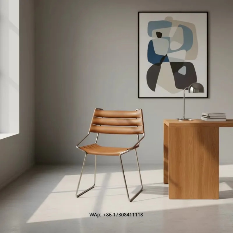 Modern Minimalist Stainless Steel Frame Saddle Leather Dining Chair for Viral Specialty Coffee Shop & Boutique Hotel Terrace Bar