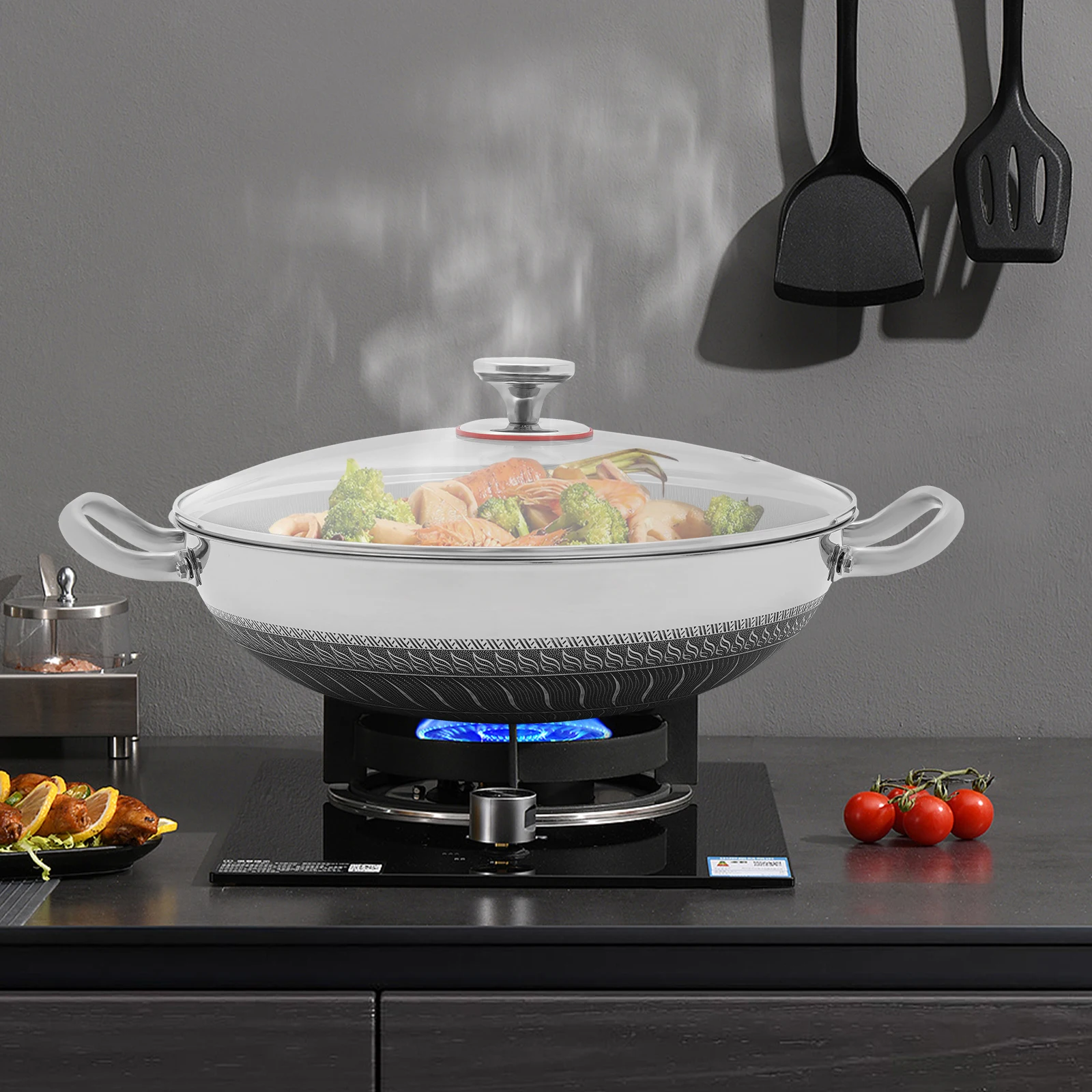 

Silver Stainless Steel Pan, Cooking Pan, 35.5*9.8cm Frying Pan with Handles and Lid for Open-flame Heating and Most Stoves