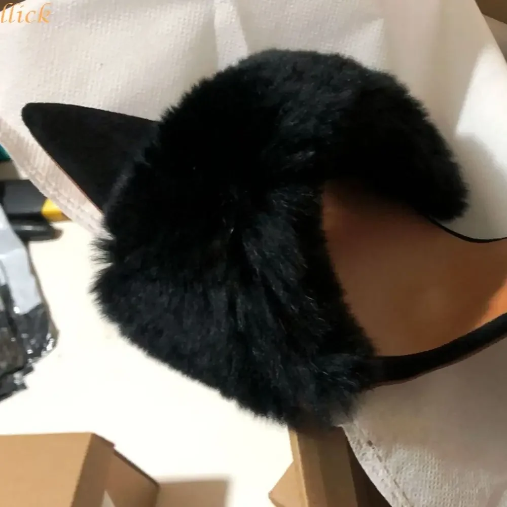 

Stiletto Fashion Fur Sandals Women's Black Rabbit Hair High Heels Catwalk Heels Slip On Pointed Toe Fashion Sandals
