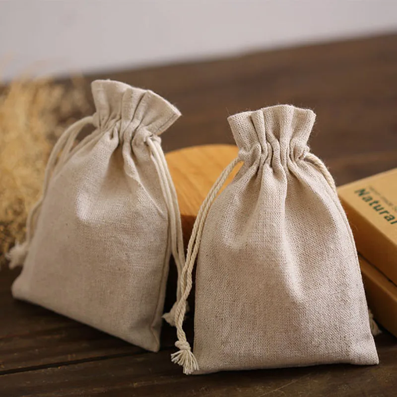 

Natural Linen Jewelry Gift Bags 8x11cm 9x12cm 10x15cm 13x17cm Pack of 50 Custom Logo Sack Makeup Drawstring Pouches