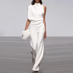 Fashion Sleeveless Solid Backless Jumpsuit Women 2025 Summer Stand Collar Elegant Lady Temperament White Jumpsuits Women's