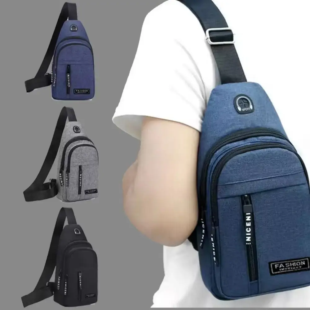 Fashion Versatile Men Shoulder Bag Oxford Cloth Casual Chest Bag Large Capacity with Headphone Hole Crossbody Bag Outdoor Sports