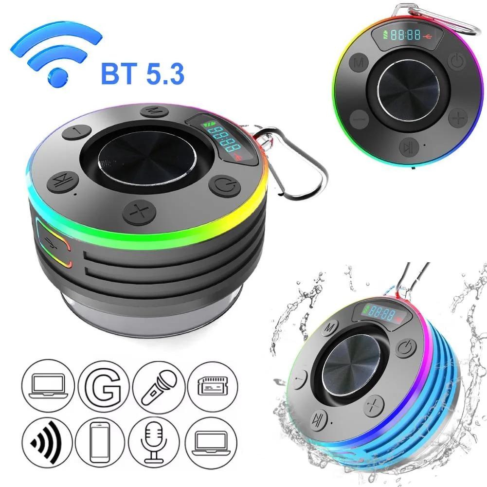Bluetooth-совместимый динамик для душа 5.3, FM-радио, стерео сабвуфер, IPX7, водонепроницаемый беспроводной динамик с присоской для ванной комнаты