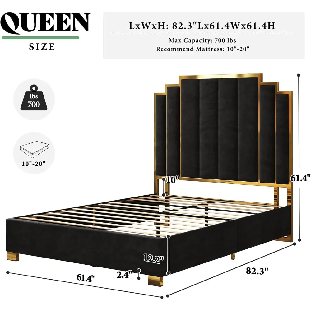 Queen Size Upholstered Bed, Modern Velvet Bed Frame with 61.4” Tall Gold Trim Headboard, No Box Spring Needed, Black