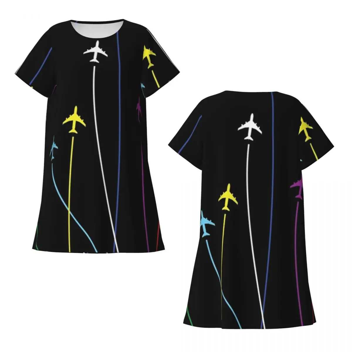 Custom Rainbow Airplanes Flying On Eachother Short Sleeves Nightdress For Sleeping Women Short Sleeve Nightgowns Pajama Dress
