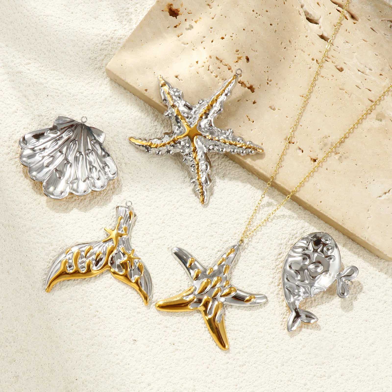 2pcs Stainless Steel Pendant Ocean Fish Starfish Shell Two-Tone Charms Women DIY Necklace Earrings Jewelry Findings Wholesale