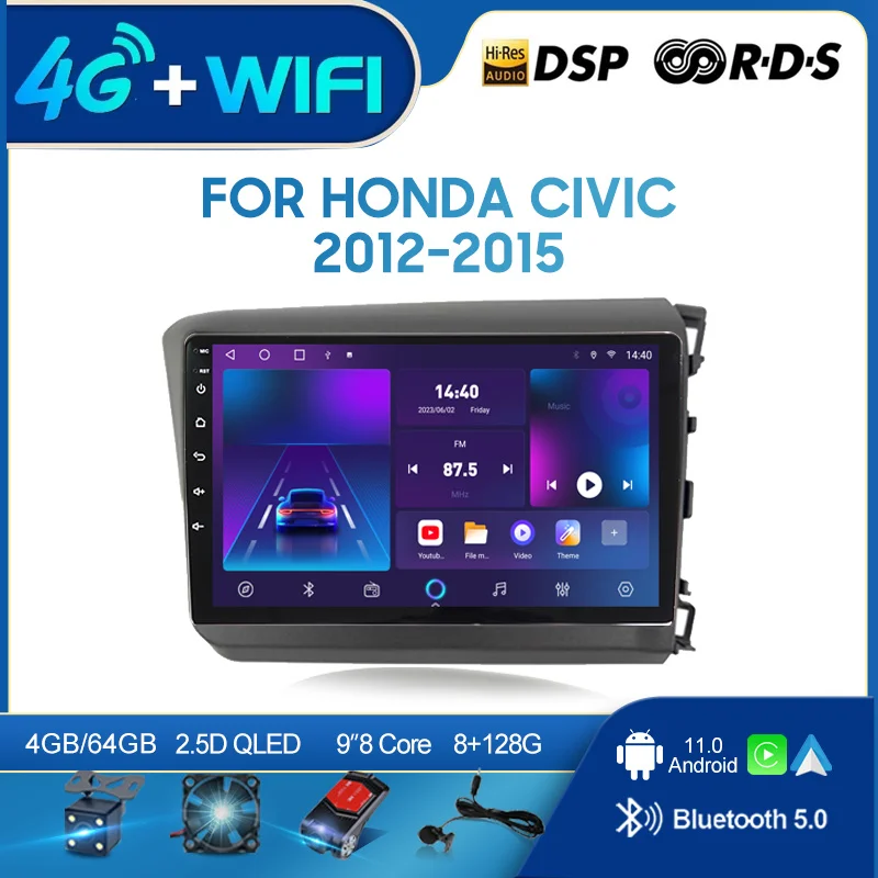 

QSZN FOR Honda Civic 2012-2015 RHD 2 din Android 12.0 Car Radio Multimedia Video Player GPS Navigation 4G Carplay Head unit